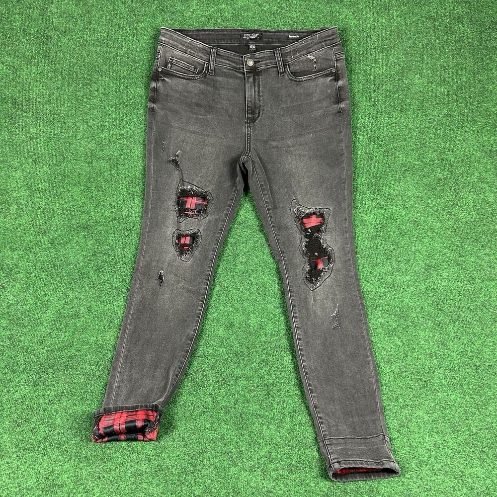Judy Blue Jeans Skinny‎ Fit Womens 15/32 Mid Rise Black Denim Red Plaid Patch - Picture 2 of 12